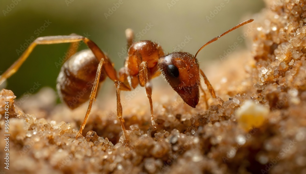 Black ant on a white fungus, macro photo Black ant on a white fungus, macro photo