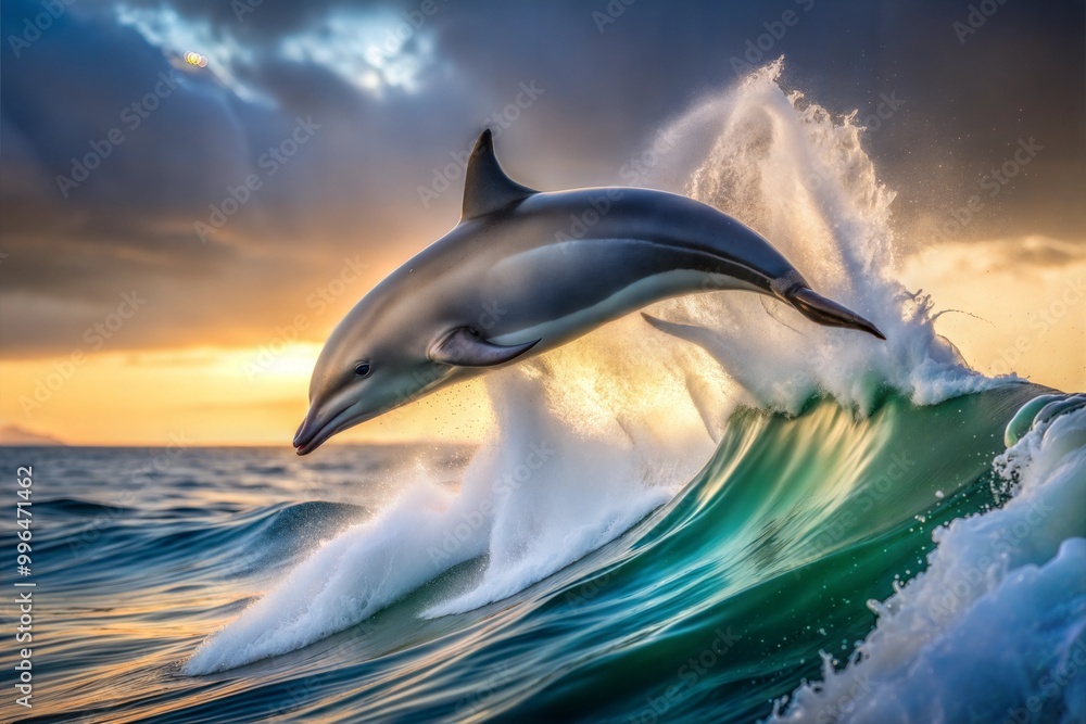 Fototapeta premium Dolphin leaping over ocean wave at sunset
