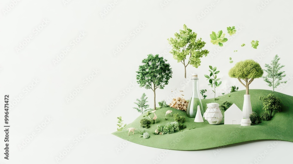 Obraz premium Minimalist green landscape with trees, house, and plants on a white background.