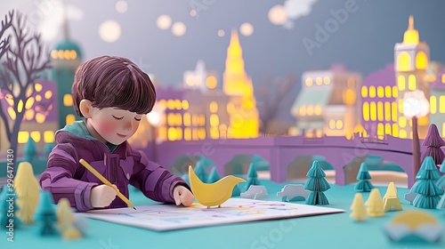 A child carefully sketches ...