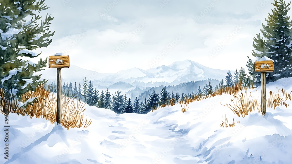 Fototapeta premium Snowy Mountain Path with Wooden Signs.