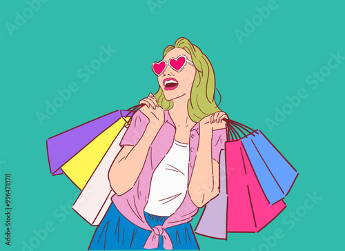 Illustration of happy woman with shopping bags, shopping happily in retro style, happy shopping, Design wallpaper, background, phone screensaver, banner, flyer, print. vector flat color.