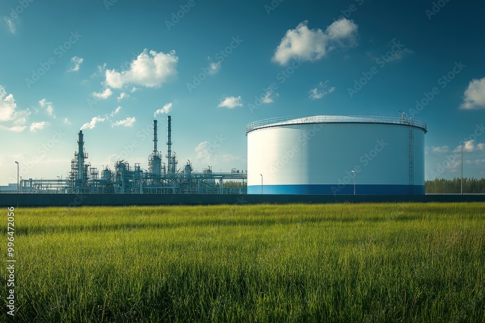 A large oil storage tank and a refinery in the distance, with a field of green grass in the foreground and a blue sky with white clouds.