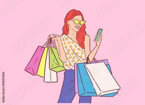 Illustration of happy woman with shopping bags, shopping happily in retro style, happy shopping, Design wallpaper, background, phone screensaver, banner, flyer, print. vector flat color.