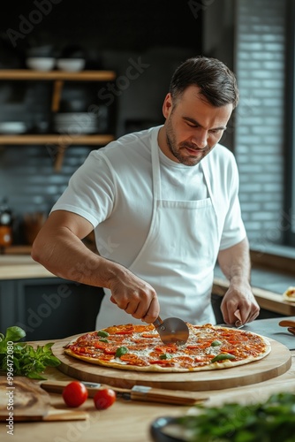  A father carefully slices a freshly baked pizza on a wooden board in a modern kitchen