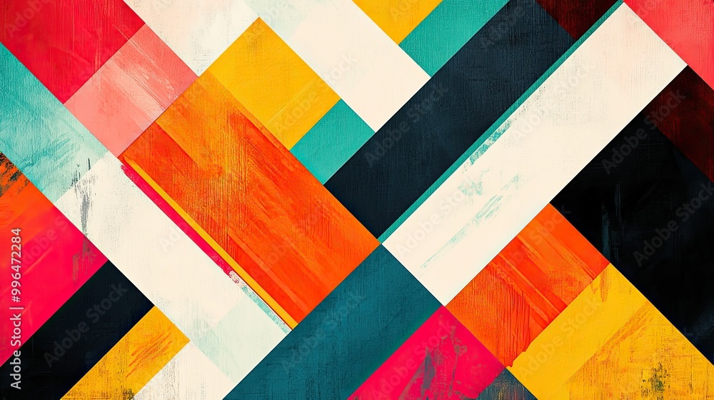 Fototapeta premium Geometric abstract pattern with bold diagonal stripes and triangles in vibrant colors, high contrast design.