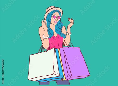 Illustration of happy woman with shopping bags, shopping happily in retro style, happy shopping, Design wallpaper, background, phone screensaver, banner, flyer, print. vector flat color.