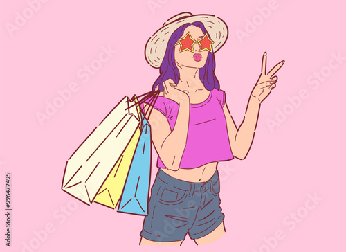 Illustration of happy woman with shopping bags, shopping happily in retro style, happy shopping, Design wallpaper, background, phone screensaver, banner, flyer, print. vector flat color.
