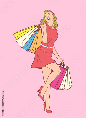 Illustration of happy woman with shopping bags, shopping happily in retro style, happy shopping, Design wallpaper, background, phone screensaver, banner, flyer, print. vector flat color.