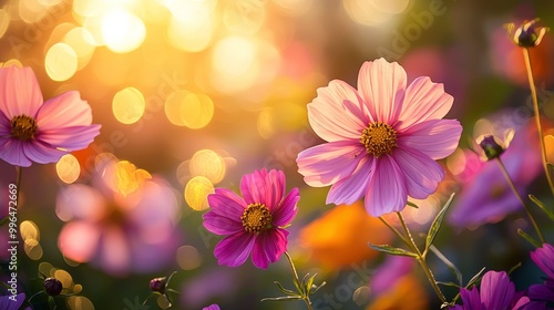 A field of flowers in sunlight, a spring or summer garden background in closeup macro view, or a flower meadow field in the morning light photo