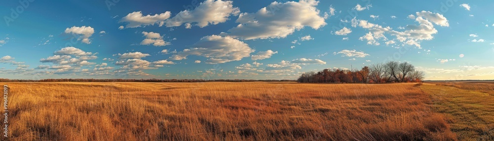Fototapeta premium A large, open field with a few trees in the distance