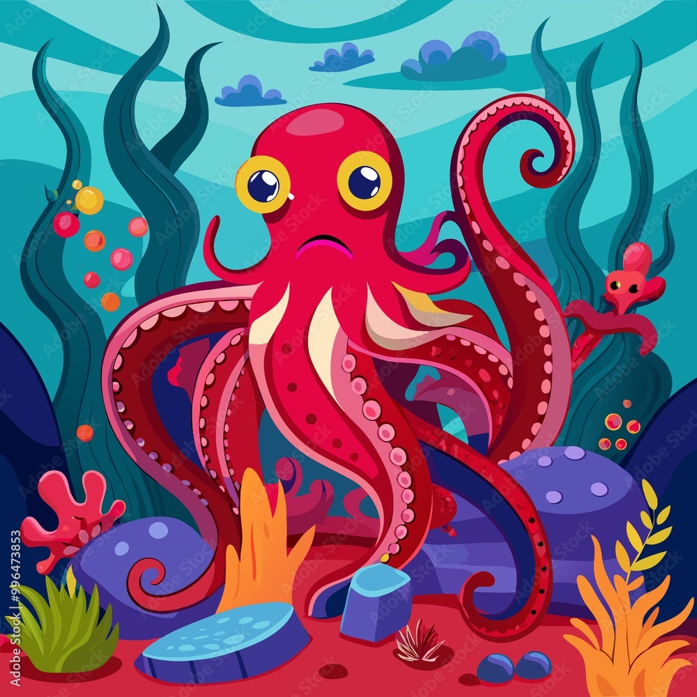 A huge red octopus in its underwater kingdom among the corals in a cartoon coloring style A huge red octopus in its underwater kingdom among the corals in a cartoon coloring style