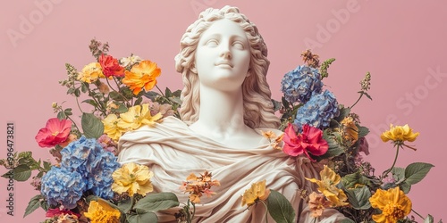 A bust of a serene woman surrounded by vibrant flowers against a soft pink background, evoking beauty and tranquility.