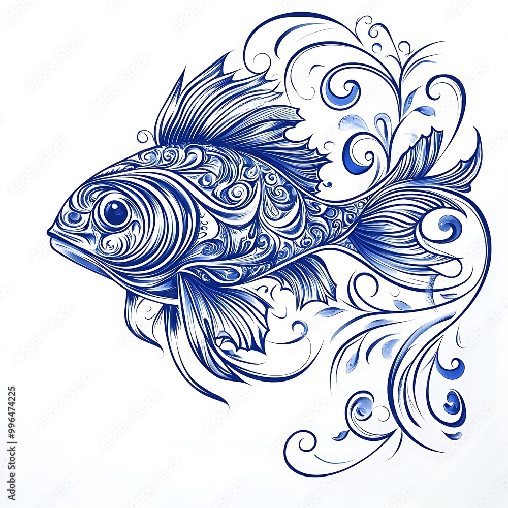 Vector illustration of a blue fish with intricate swirls and patterns Vector illustration of a blue fish with intricate swirls and patterns
