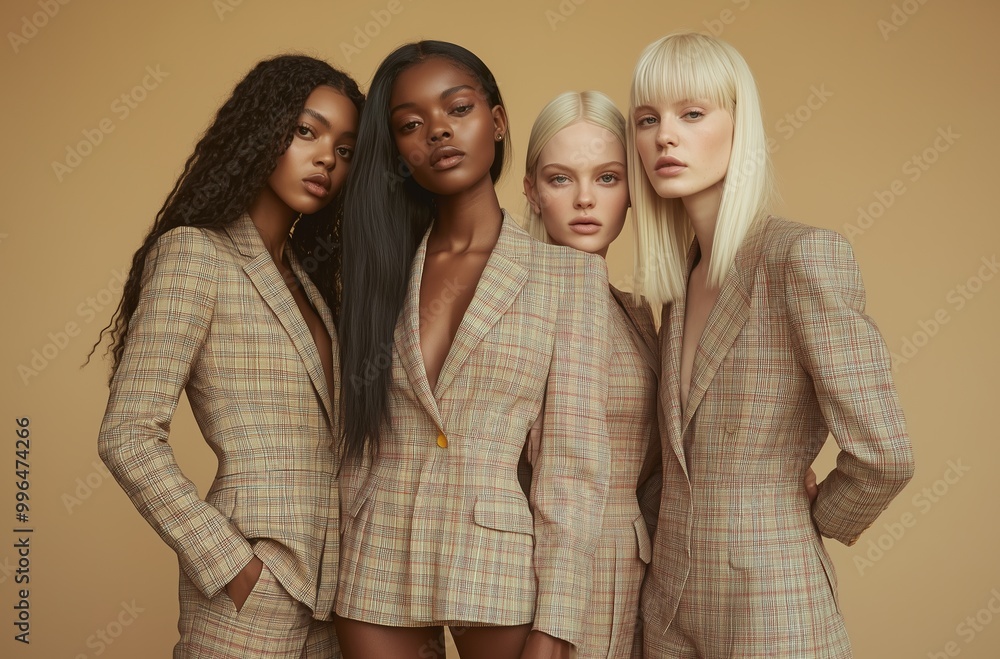 Four women are standing in a row, all wearing plaid suits Four women are standing in a row, all wearing plaid suits