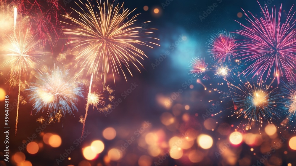 Naklejka premium Fireworks light the sky, painting it with bright colors and a mood of celebration.