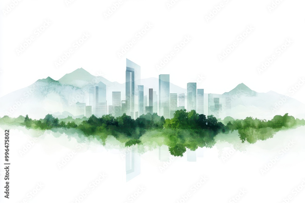 Watercolor painting of a city skyline with mountains and trees in the background. Watercolor painting of a city skyline with mountains and trees in the background.
