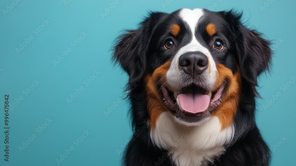 Energetic Bernese Mountain Dog happy head portrait on a liteblue background in the studio Energetic Bernese Mountain Dog happy head portrait on a liteblue background in the studio