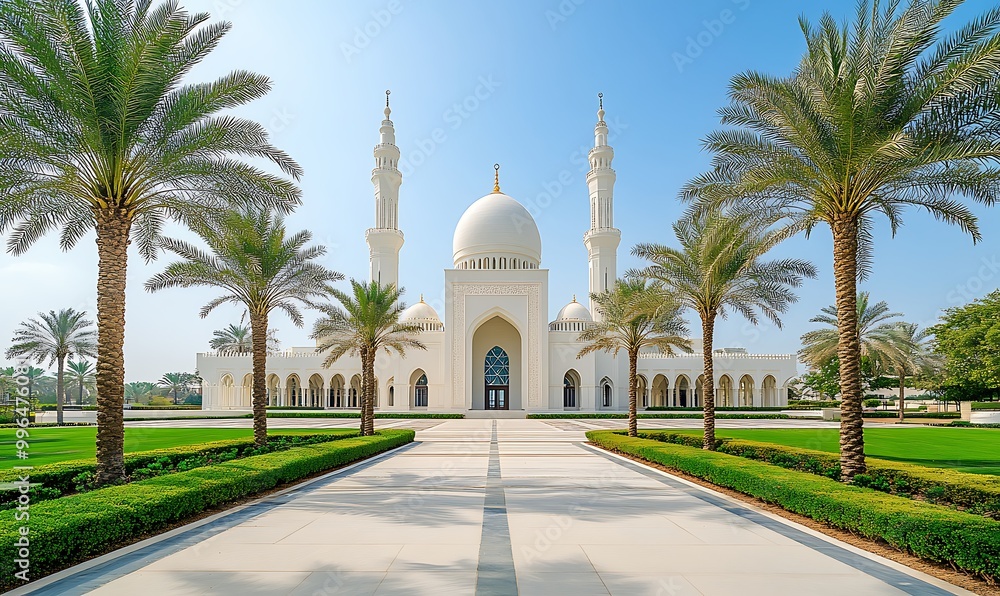 Fototapeta premium White Mosque with Palm Trees in the Sunny Day