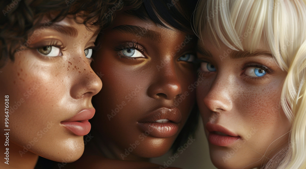 Three women of different races stand together, looking at camera Three women of different races stand together, looking at camera