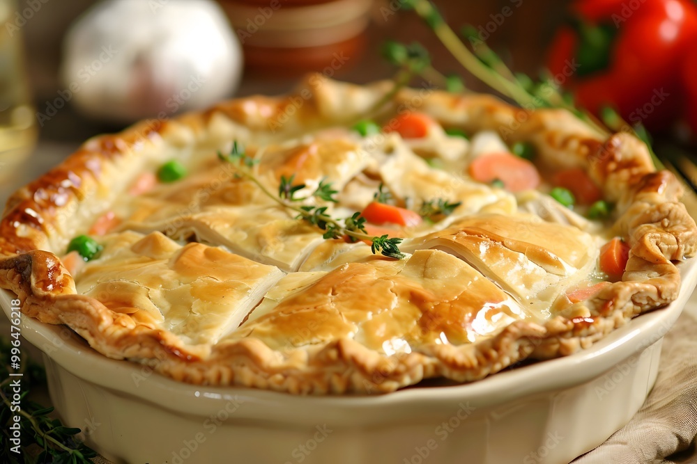Homemade chicken pot pie with golden crust and vegetables Homemade chicken pot pie with golden crust and vegetables