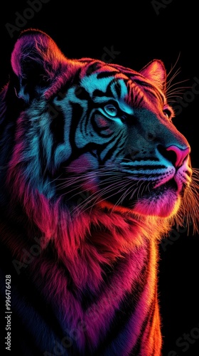 A tiger is glowing in neon colors