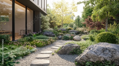 Beautiful exterior garden design featuring a serene lush atmosphere with greenery and a rock garden creating a peaceful outdoor space for relaxation