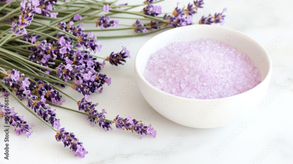 Lavender spa salt and fresh lavender flowers for relaxation on marble surface Lavender spa salt and fresh lavender flowers for relaxation on marble surface