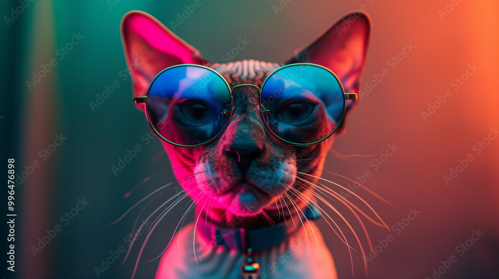 Sphynx cat in front of a colorful background, wearing sunglasses Sphynx cat in front of a colorful background, wearing sunglasses