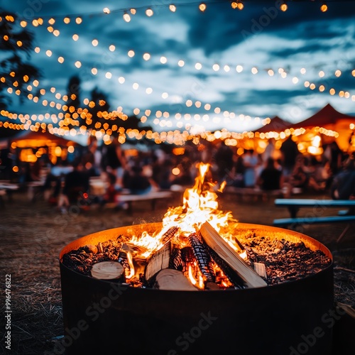 A fire pit at the heart of a lively festival, surrounded by lights and colorful decorations, Festival Fire Pit, Warm celebration photo