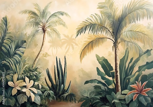 Vintage wallpaper of the jungle, oil painting, 3D jungle landscape