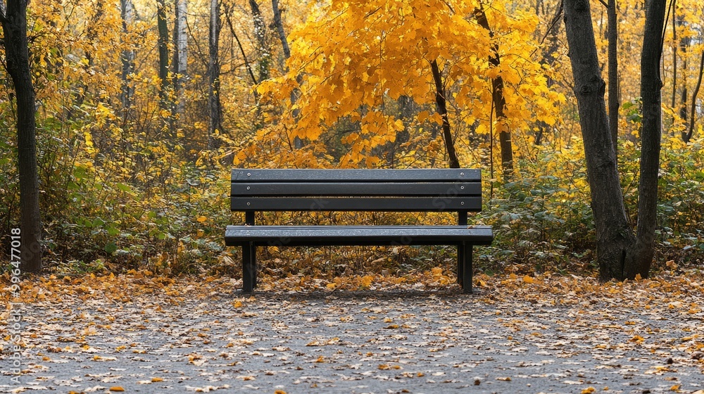 Empty park bench surrounded by vibrant autumn foliage in shades of gold and yellow perfect for an autumn backdrop