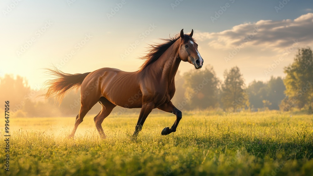 Fototapeta premium A majestic horse running freely in a sunlit field.