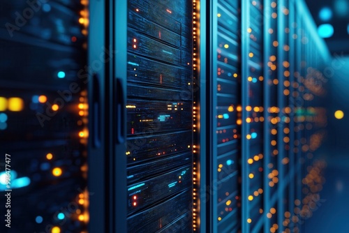 Modern Data Center Server Room with Yellow and Red LED Lights