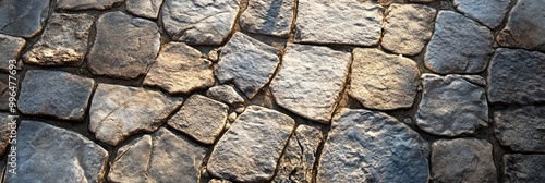Cobblestone street texture, with uneven stones and weathered surfaces