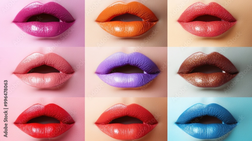 Obraz premium Multicolored women lips arranged on a pastel backdrop, highlighting different shades and textures of makeup.