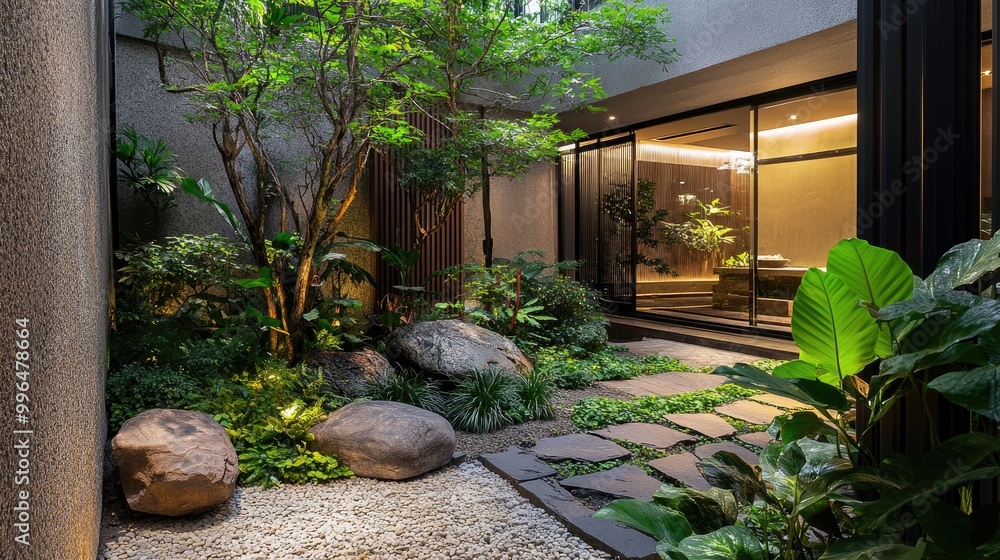 Beautiful exterior garden design featuring a serene lush atmosphere with greenery and a rock garden creating a peaceful outdoor space for relaxation Beautiful exterior garden design featuring a serene lush atmosphere with greenery and a rock garden creating a peaceful outdoor space for relaxation