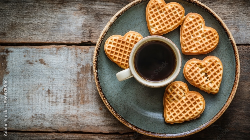 Heart shaped waffle biscuits alongside a cup of coffee on a rustic backdrop ideal for a romantic occasion captured from a top down perspective Heart shaped waffle biscuits alongside a cup of coffee on a rustic backdrop ideal for a romantic occasion captured from a top down perspective
