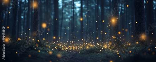Magical forest illuminated by numerous glowing fireflies at dusk, creating an enchanting and mystical atmosphere with a backdrop of tall trees.
