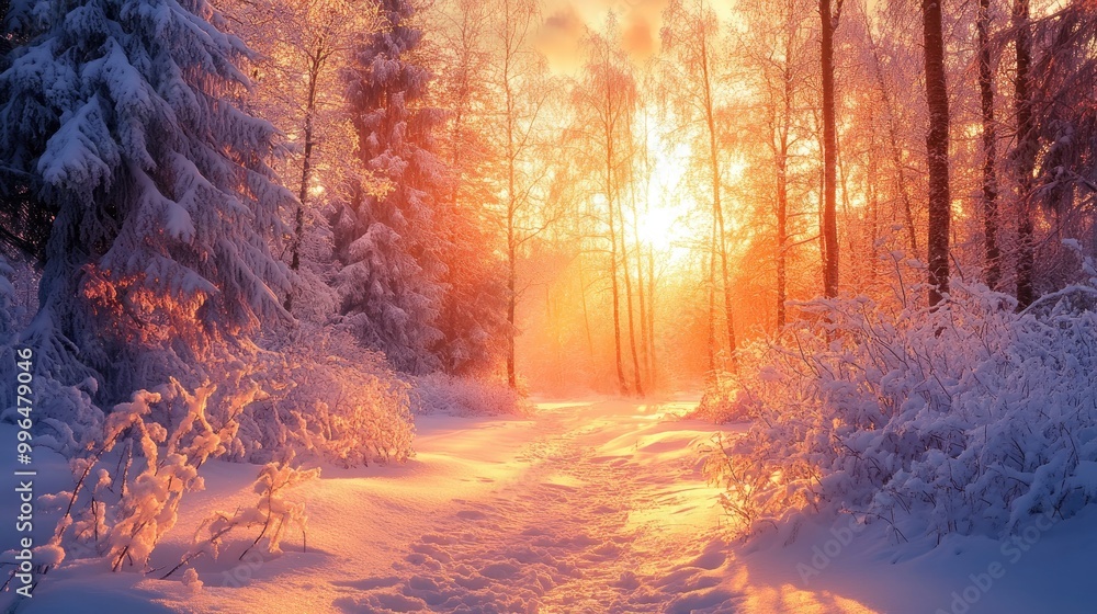 A beautiful winter forest scene illuminated by the warm hues of sunrise during the Christmas season A beautiful winter forest scene illuminated by the warm hues of sunrise during the Christmas season
