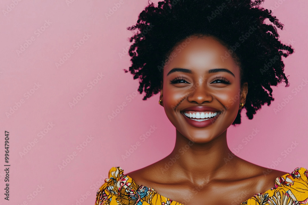 an africanwoman smiles in the studio on pink background. happy model an africanwoman smiles in the studio on pink background. happy model