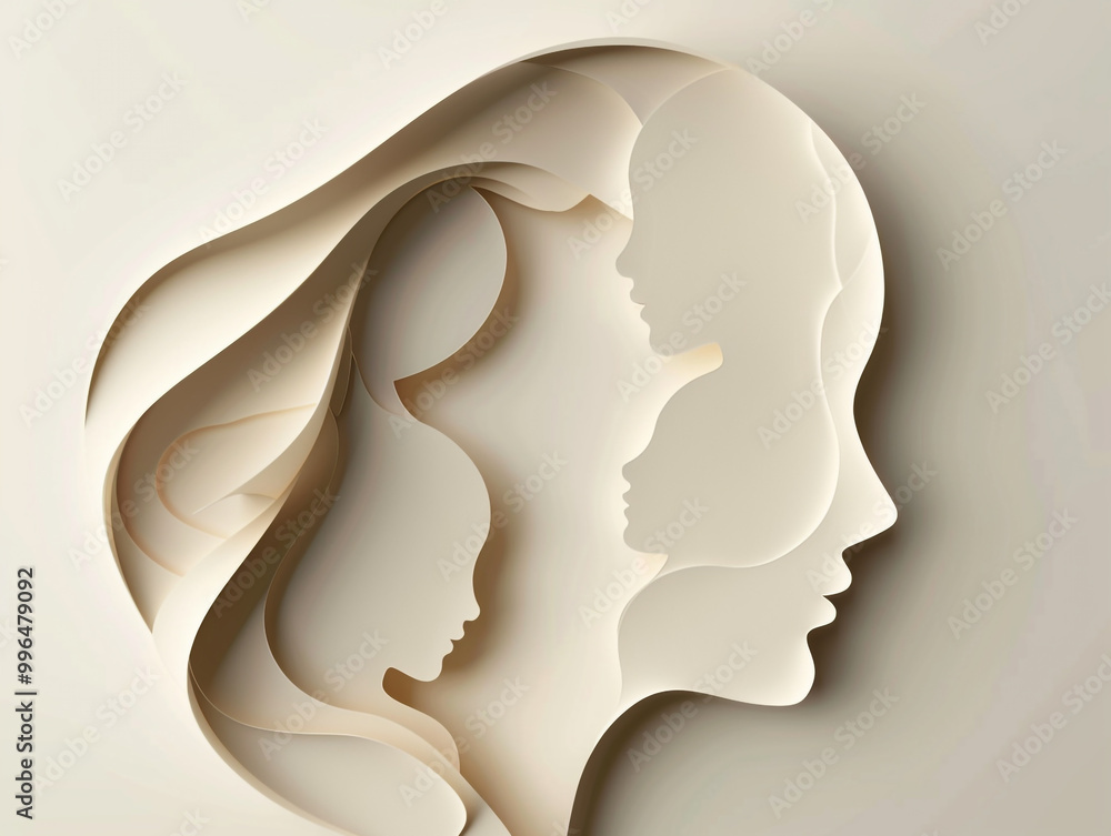 A woman's head with a baby inside of it. Paper cut style art. A woman's head with a baby inside of it. Paper cut style art.