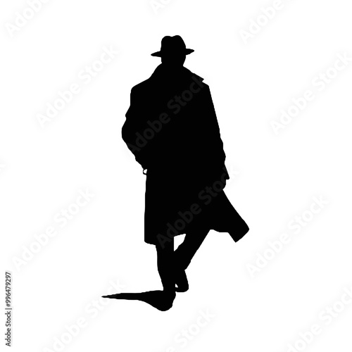 Secret Agent with Trench Coat Silhouette Isolated on White Background – Vector Illustration