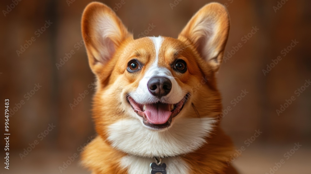 Friendly Pembroke Welsh Corgi happy head portrait on a brown background in the studio Friendly Pembroke Welsh Corgi happy head portrait on a brown background in the studio