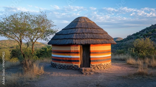 A vibrant traditional round hut of the Ndbele tribe showcasing ethnic architecture illuminated by the serene evening sun photo