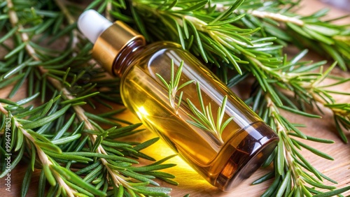 bottle of aromatherapy essential oil with fresh blooming rosemarry plant. Top view Bottle glass of essential rosemary oil with rosemary on wooden rustic background. herbal oil concept photo