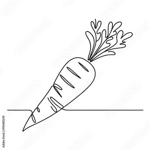 A carrot is shown in a black and white drawing. The carrot is long and thin, with a pointed tip. The drawing is simple and clean, with no other elements or distractions