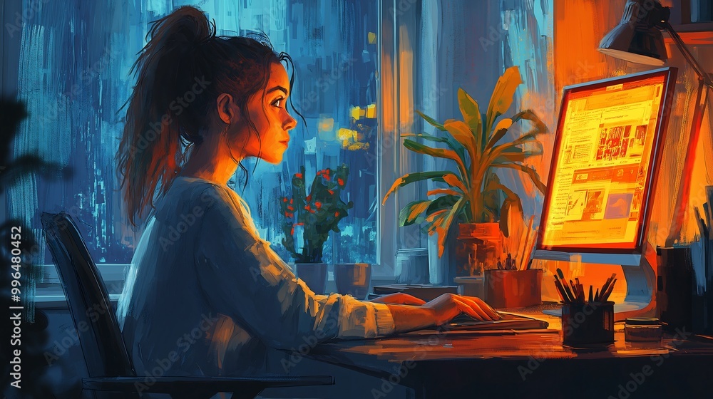 Serene Woman Relaxing at Home, Digital Painting Serene Woman Relaxing at Home, Digital Painting
