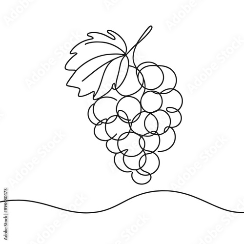A single line drawing of a grape with a leaf on top. The grape is surrounded by a circle of grapes