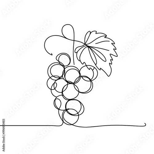 A single line drawing of a bunch of grapes with a leaf on top. The grapes are in a bunch and are all different sizes